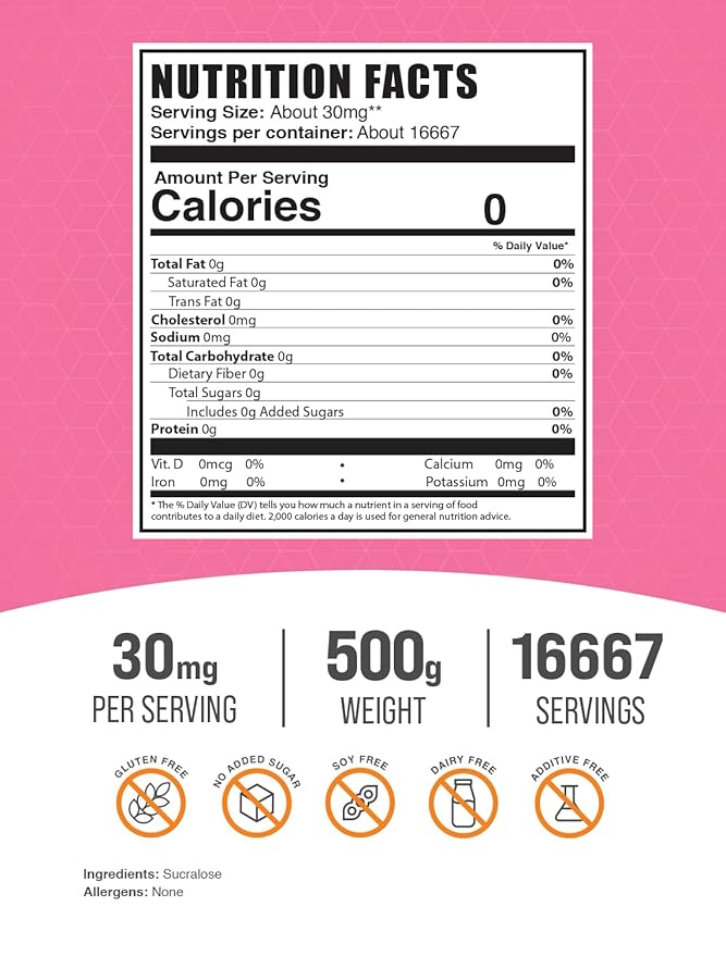 BulkSupplements.com Sucralose Powder - Sucralose Sweetener, Sugar Substitute for Baking - Zero Calorie Sweetener - Pure & Gluten Free, 30mg per Serving, 500g (1.1 lbs) (Pack of 1)