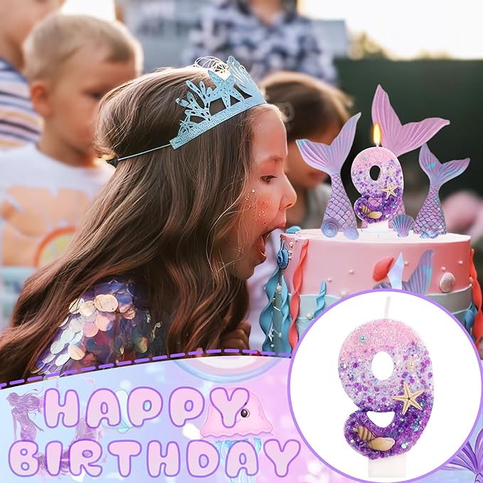 Purple Mermaid Party Number 9 Cake Candles, 2.76 inch Birthday Candle, Cake Topper Decoration for Birthday Party (Number 9)