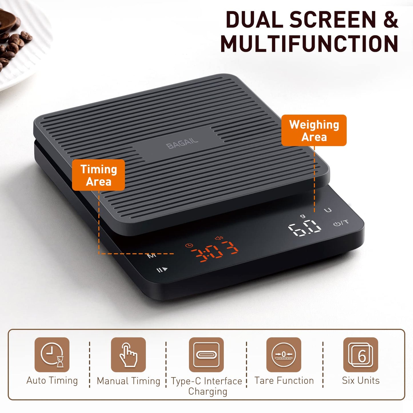 BAGAIL Coffee Scale with Timer, 0.1g/3kg Precision