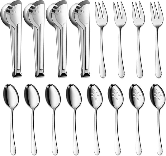 BEWOS Serving Utensils, 16-Piece Large Serving Set, 9.1??Serving Spoons, 9.1??Slotted Spoons, 9.1??Serving Forks, 9.5??Serving Tongs, Stainless Steel Serving Utensils Set for Parties, Dishwasher Safe