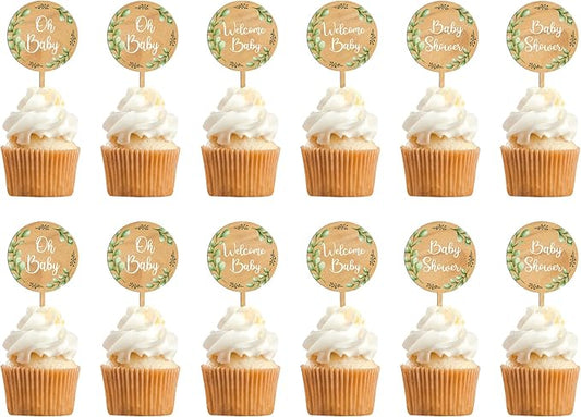 12 PCS Baby Shower Party Cupcake Toppers Oh Baby Cake Cupcake Decorations in Wood (Design A)
