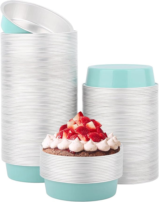 Beasea Aluminum Ramekins, 200 Pack 7.3oz 215ml Mini Disposable Baking Foil Cups 4 Inch No Lids Ramekin Cup Cupcake Aluminum Baking Cups for Party - Lake Blue
