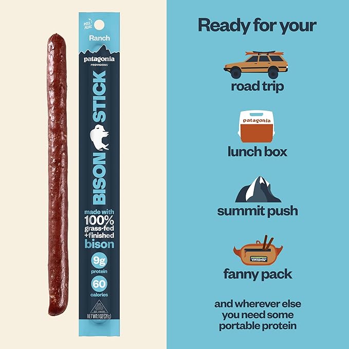 Patagonia Provisions Bison Sticks - Ranch | 100% Grass-Fed, 8g of Protein, 60 Calories | No Artificial Ingredients, Added Flavors, Fillers, or Nitrates | Pack of 12, 1 oz Each