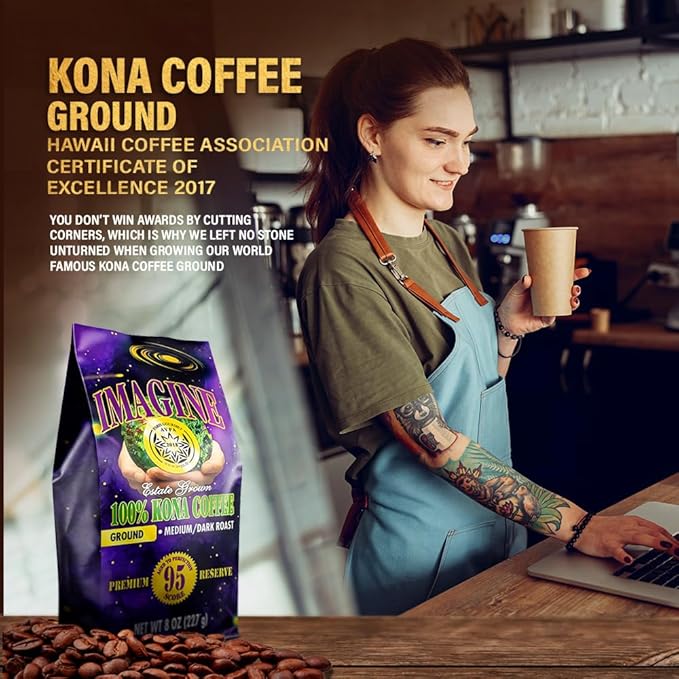 Imagine Kona Organic Coffee Beans | Arabica Kona Beans | Top Grade Air Roasted | Medium Dark Roast | Organic Whole Bean (Ground, 8 ounce)