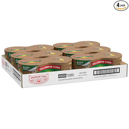Genova Premium Yellowfin Tuna in Olive Oil, 4 - 5 Ounce Cans (Pack of 6), Wild Caught Canned Tuna, Solid Light
