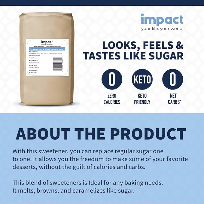 Impact White Monk Fruit & Erythritol Sweetener Blend - Gluten Free, Zero Calories, Net Carbs, Keto, Vegan, Non-GMO - 1 is to 1 Sugar Substitute - 55lbs