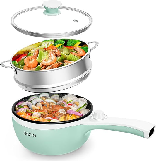 Dezin Hot Pot Electric with Steamer Upgraded, Non-Stick Saut챕 Pan, Rapid Noodles Electric Pot, 1.5L Mini Pot for Steak, Egg, Fried Rice, Ramen, Oatmeal, Soup with Power Adjustment