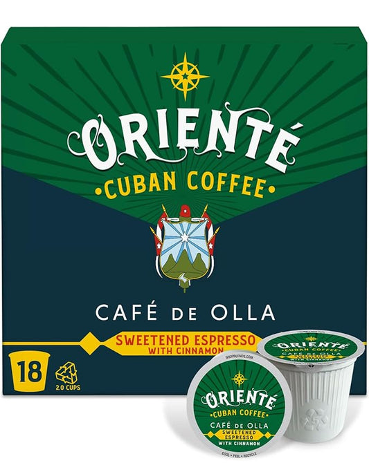 Oriente Sweetened Espresso with Cinnamon Coffee Pods, 18 ct, Dark Roast Flavored Cuban Inspired Coffee in Recyclable Single Serve Pods - 100% Arabica Beans, Compatible with Keurig K Cups Maker