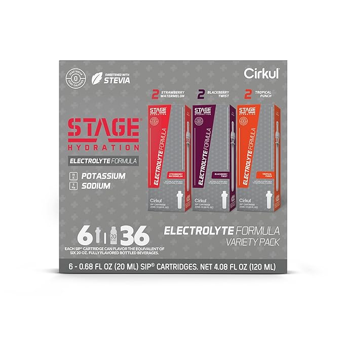 Cirkul Stage Flavor Cartridge Variety Pack with Electrolytes and Stevia, 6-Pack (2 Strawberry Watermelon, 2 Tropical Punch, 2 Blackberry Twist), No Sugar, Zero Calorie Drink Mix