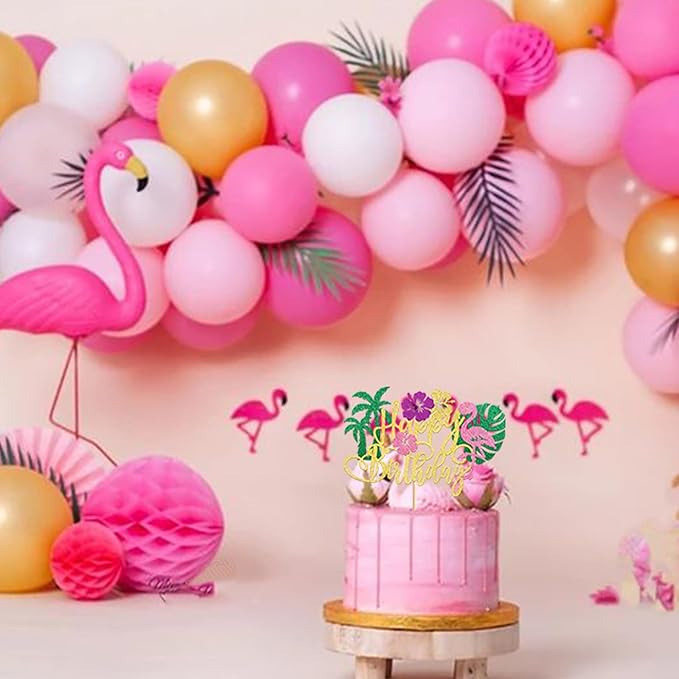 Rsstarxi 1 Pack Flamingo Happy Birthday Cake Topper Glitter Flamingo Cake Decoration Palm Tree Turtle Leaf Flower Flamingo Cake Pick for Tropical Hawaiian Luau Baby Shower kids Birthday Party Decor