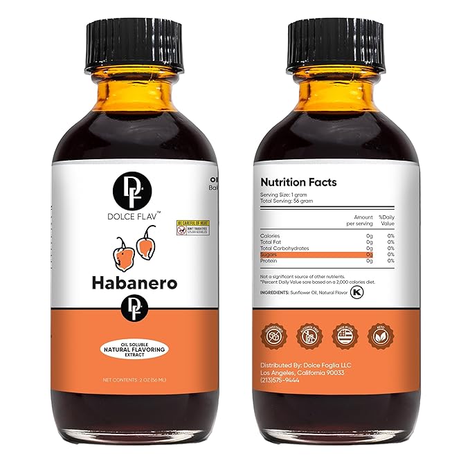 Dolce Flav Natural Habanero Extract (Oil-Soluble) 2 oz ??Kosher, Sugar-Free, Concentrated Spicy Habanero Flavoring for Savory Dishes, Sauces & Confections, Includes Measured Dropper