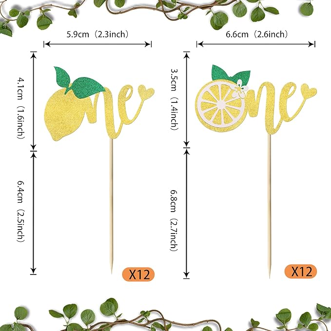 24 Pack First Birthday Cupcake Toppers Glitter Lemon One Cupcake Picks Summer Fruit Birthday Cake Decorations for Kids Boys Girls 1st Birthday Baby Shower Party Supplies??"<div>