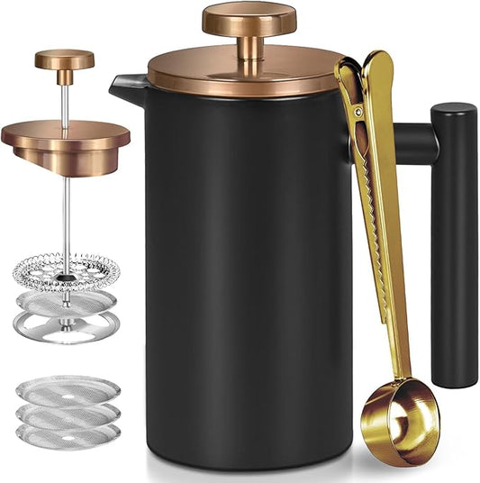 Black Mini French Press Coffee Maker 12oz, Single Cup French Press with Rose Gold Lid, 3 Extra Filters & 1 Gold Spoon(350ml Compact Travel Size) Dishwasher Safe