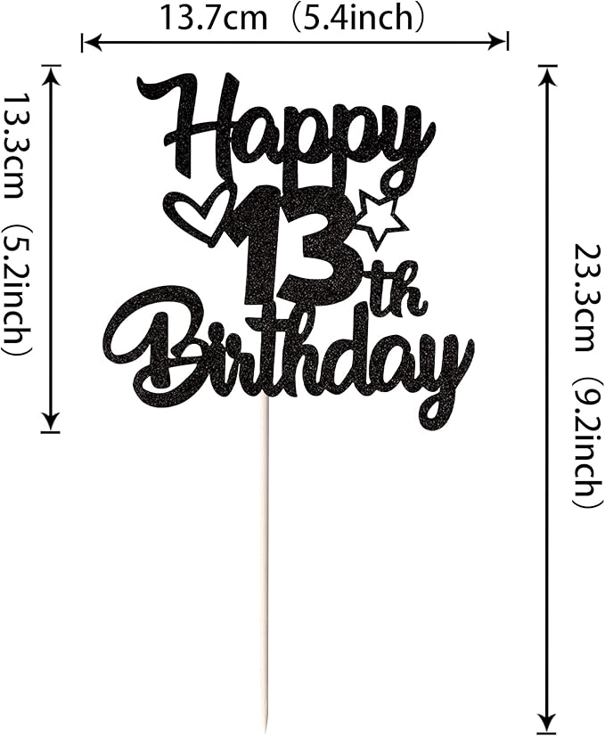 1 Pack Happy 13th Birthday Cake Topper Glitter Heart Star 13 Fabulous Cake Pick Birthday Sign Cake Decorations for Children 13th Birthday Theme Party Supplies Black