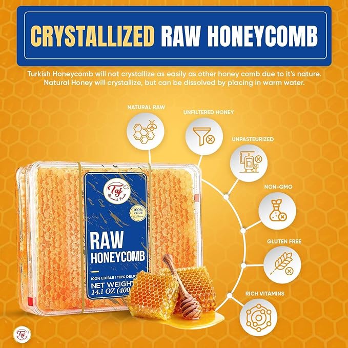 Great Bazaar All natural Raw Honeycomb 100% Honey Pure Turkish Raw Honey Comb - Honey Combs Raw Edible - Honey With Honeycomb 400g (14.10oz)