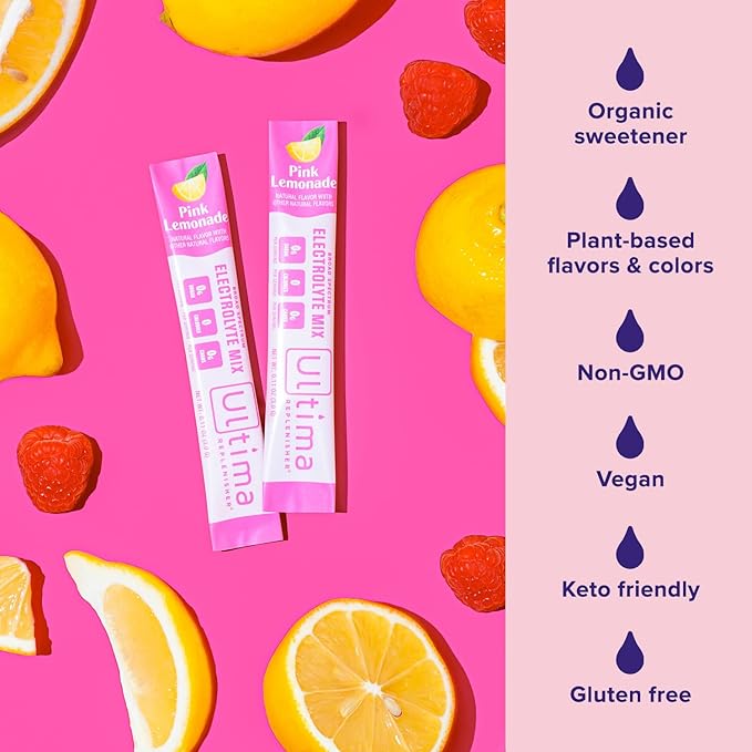 Ultima Replenisher Daily Electrolyte Powder Drink Mix ??Sugar Free ??Pink Lemonade, 20 Stickpacks ??Hydration Packets with 6 Electrolytes and Trace Minerals ??Keto Friendly, Vegan, Non-GMO