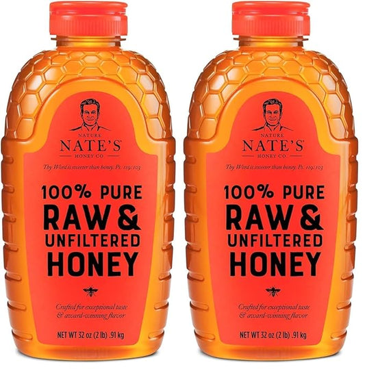Nate's 100% Pure, Raw & Unfiltered Honey - Award-Winning Taste, 32oz. Squeeze Bottle (Pack of 2)