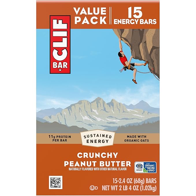 CLIF BAR - Protein Bars - Crunchy Peanut Butter - Made with Organic Oats - Energy Bars - Non-GMO (15 Pack)