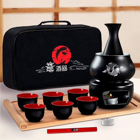 Japanese Sake Set with Warmer | 11 pc | 6 sake cups only | non electric sake warmer | sake bottle | candles | lighter | bamboo sake flight tray for sake cup set | bomb gift kit for chinese sake set