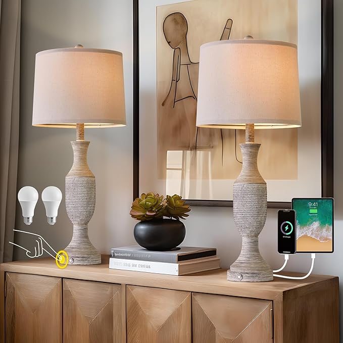 OYEARS 27.75”Touch Table Lamp 3 Way Dimmable Free Control,Beside Lamps with USB Ports Outlets,Lamp Bedroom Set 2,Farmhouse Lamp for Bedroom,Living Room,Vintage Office Linen Fabric Shade Resin Base