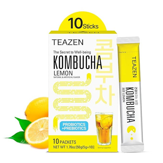 TEAZEN Lemon Kombucha Tea, Hydration Drink Mix, Sugar Free, Live Probiotics & Prebiotics, 10