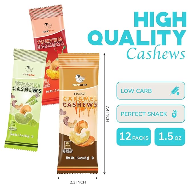 NEWBAM Mix Cashews Variety Packs (Wasabi, Tom Yum, Sea Salt Caramel) - 12 Cashew Snack Packs Roasted Nuts (1.5oz Each) ??Keto, Vegan, Gluten-Free - Healthy Snacks for Trail Mix, Office, or Party