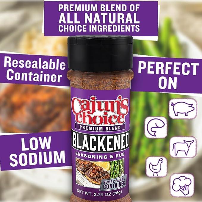 Cajun's Choice Blackened Seasoning - 2.75 oz Jar, Pack of 2, All Natural, Low Salt, Gluten-Free - Authentic Louisiana Spice for Fish & BBQ