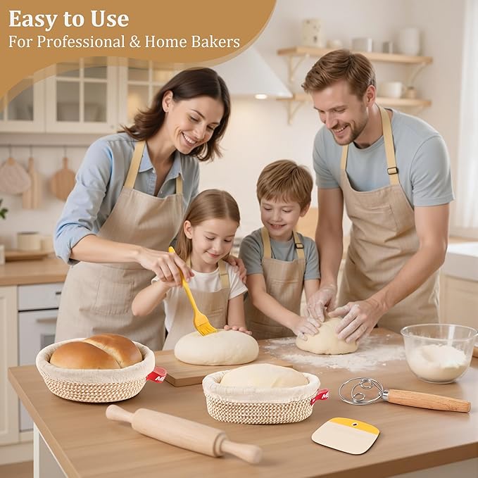 Sourdough Bread Baking Set,10" Round and 11" Oval Rope Banneton Proofing Basket with Liners,Sourdough Starter Kit with Bread Lame,Dough Whisk,Bowl Scraper,Brush and Stainless Steel Scraper