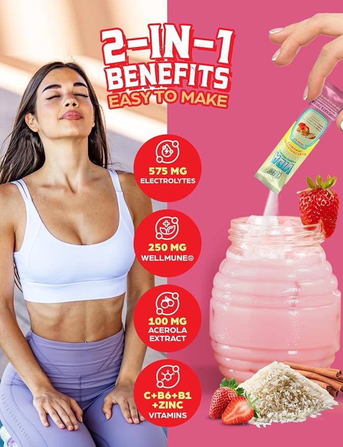 Hydration + Immunity Electrolyte Drink Mix ??Strawberry Horchata Agua Fresca | Sugar-Free Powder with Wellmune®, Acerola, Coconut Water & Minerals | 15 Single-Serve Stick Packs