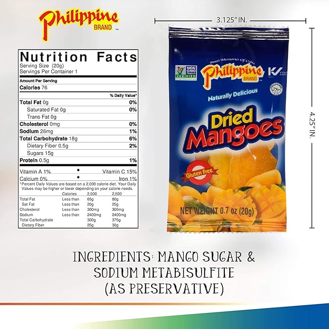 Philippine Brand Dried Mangoes Fruit Snacks (24 Pack)- All Naturally Gluten Free, Vegan, Hand-Selected Delicious Fresh Mangos from Philippines, Grab and Go Perfect for Office & School Food