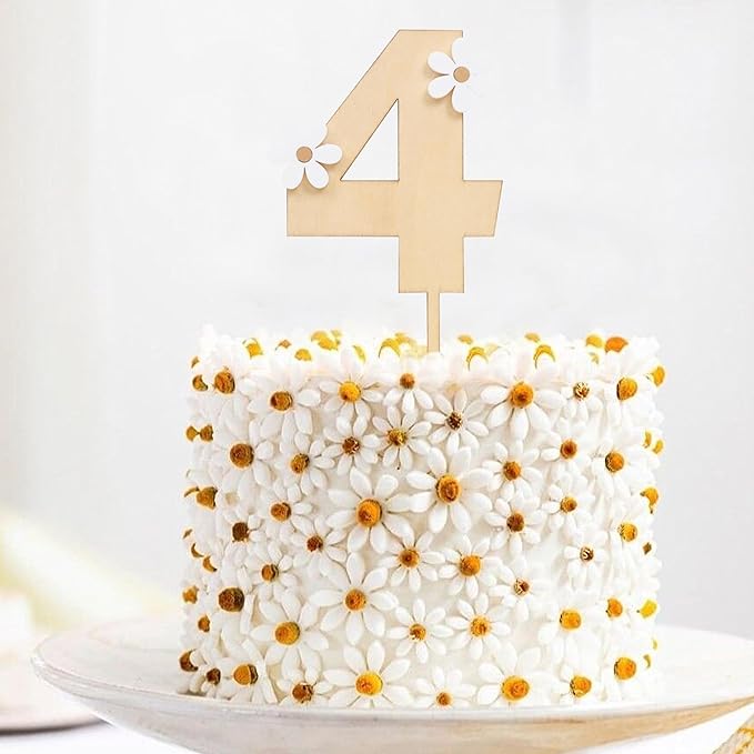 Wooden Daisy Cake Topper - 4th Birthday & Anniversary Decor, Retro Groovy & Boho Styles, Wooden Cake Decorating Supplies