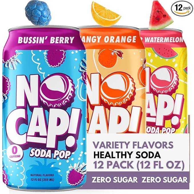 No Cap! Healthy Soda Alternative, Zero Sugar, No Calories, Caffeine Free, Vegan, Gluten Free, For Kids, Teenagers & Adults,12 Oz Cans, 12 Pack, Bussin Berry, Tangy Orange, Apple Rizz (Citrust Blast Pack)