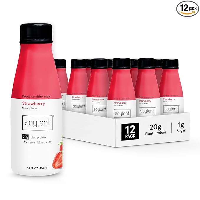 Soylent Strawberry Meal Replacement Shake, Ready-to-Drink Plant Based Protein Drink, Contains 20g