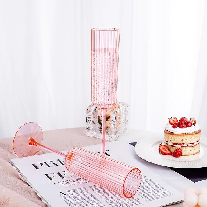 Ciaell 24 Pack Pink Plastic Champagne Flutes - 6oz Ribbed Disposable Champagne Glasses - Pink Vintage Mimosa Glasses with Long Stem, Elegant & Lightweight for Weddings and Party