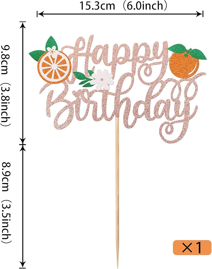 1 Pack Orange Cake Topper Glitter Happy Birthday Cake Pick for Fruit Theme Baby Shower Kids Birthday Party Tangerine Fruit Party Cake Decorations Supplies Rose Gold