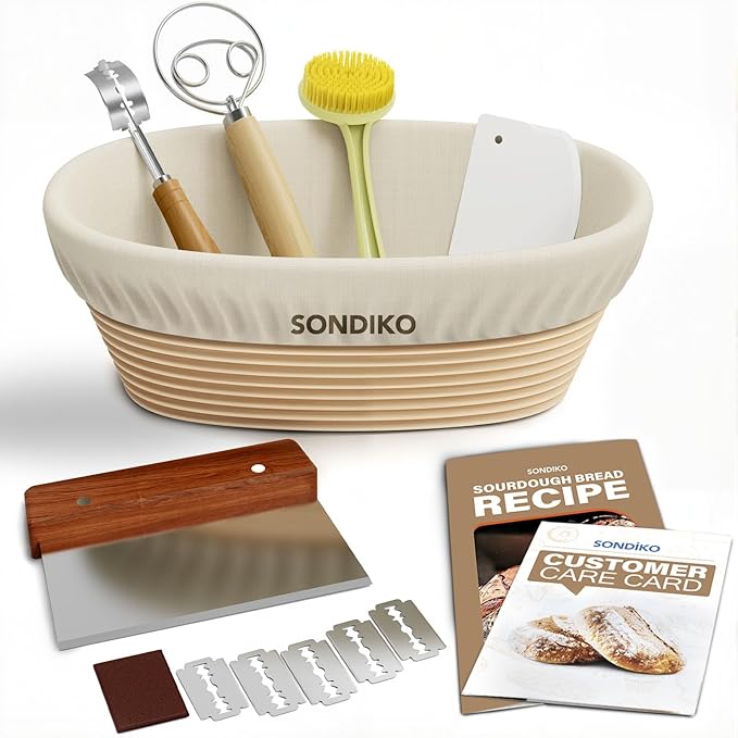 Sondiko Sourdough Starter Kit, Sourdough Bread Baking Supplies, Oval Banneton Bread Proofing Basket Set for Bread Making Tools Supplies, Gifts for Bakers