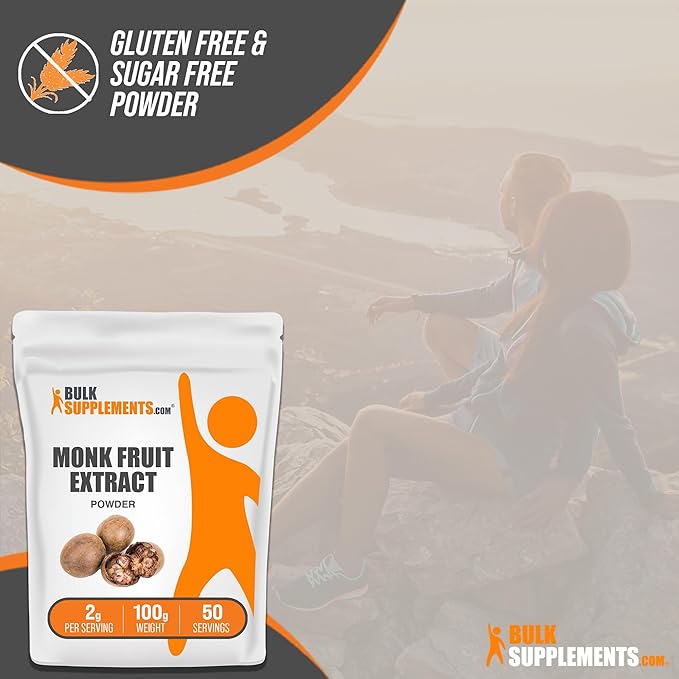 BulkSupplements.com Monk Fruit Extract Powder - Luo Han Guo Extract, Monk Fruit without Erythritol - 50 Servings, Gluten Free, 2g per Serving, 100g (3.5 oz) (Pack of 1)