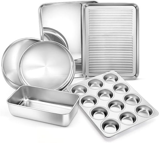 E-far 6-Piece Baking Pans set, Stainless Steel Bakeware Set for Oven, Include 8-Inch Cake Pan/Rectangle Baking Cookie Sheet/Muffin/Loaf Pan, Non-Toxic & Heavy Duty, Dishwasher Safe