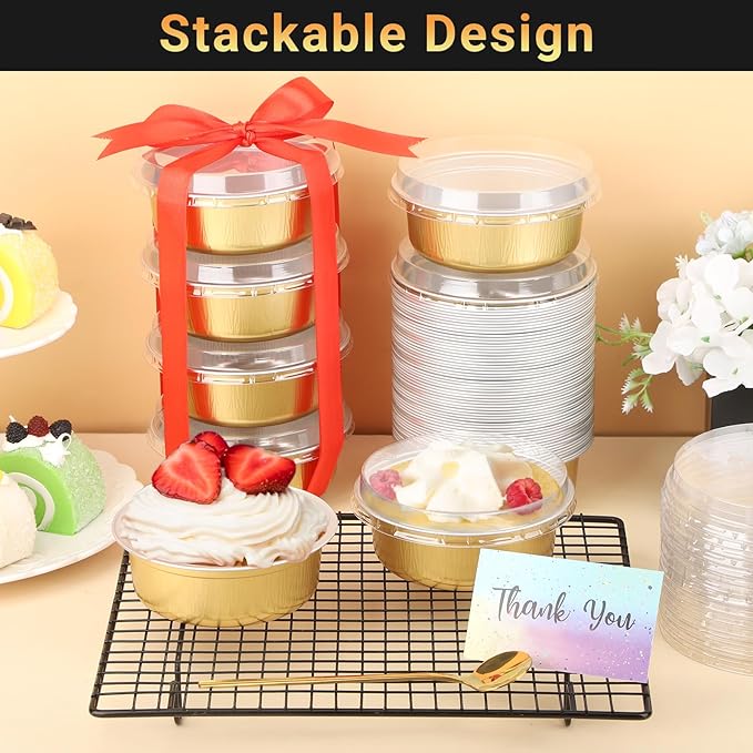 Beasea Aluminum Ramekins With Lids, 100 Pack 8.8oz 260ml 4 Inch Disposable Foil Aluminum Baking Cups Round Oven Baking Mini Cupcake Cups for Party - Golden