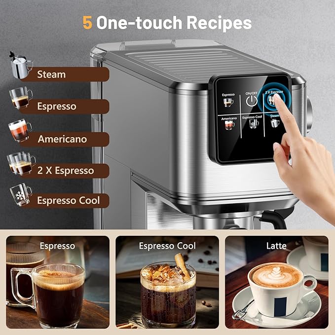 Espresso Machine, 20 Bar Espresso Maker Milk Frother & LCD Panel, Hot & Iced with Rapid Cold Brew, Stainless Steel Espresso Coffee Machine with 41oz Water Tank for Cappuccino, Latte
