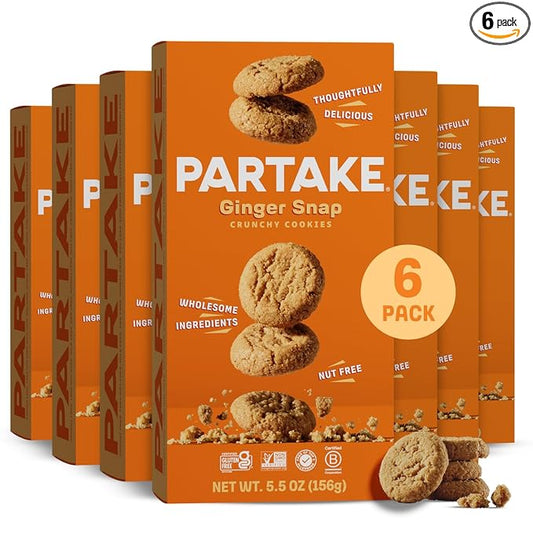 Partake Gluten Free Ginger Snap Crunchy Cookies - Vegan - Free From the Top 9 Allergens Including Dairy, Wheat, Soy, Eggs, & Peanuts - Non GMO - Safe School & Office Snack (6 Pack, 5.5oz Boxes)