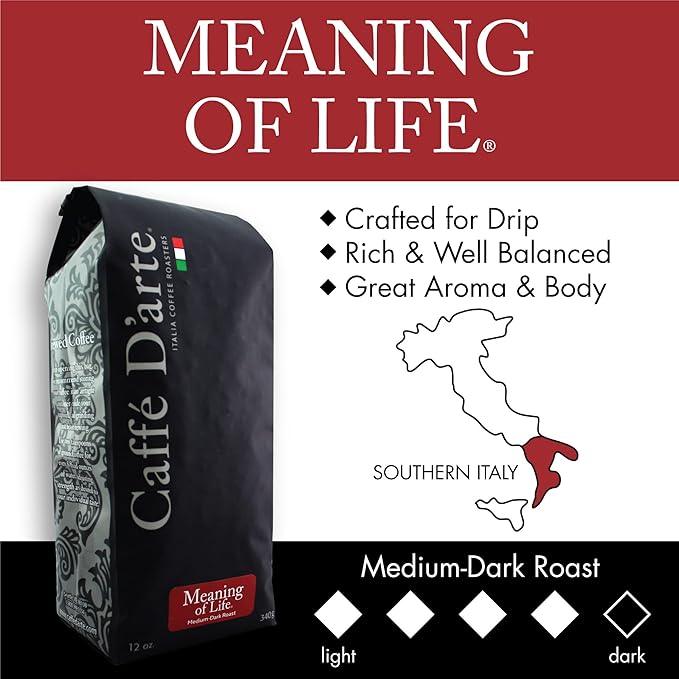 Caffe D'arte Meaning of Life Ground Coffee ??Medium Dark Roast, Rich & Well-Balanced Flavor with Great Aroma, Crafted for Drip Brewing, Fresh Roasted in Seattle, 12 Ounce (1 Pack)