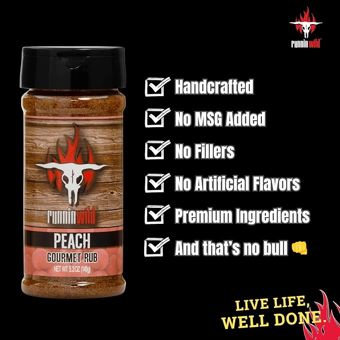 Gourmet BBQ Peach Rub Seasoning – Bursting with Sweet, Smoky & Bold Peach Flavor | Runnin' Wild Foods, 5.2 oz