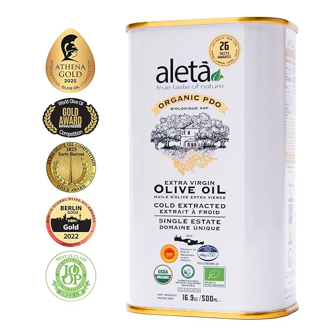 Aleta Farms Olive Oil Extra Virgin, USDA Organic, Single Estate PDO Polyphenol Rich Olive Oil, Cold Pressed, Global Gold Awards, EVOO, Kosher. 16.9 Fl Oz (Pack of 1)