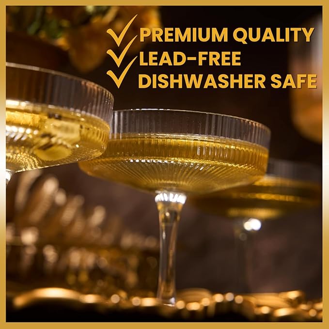 Khen Ribbed Vintage Art Deco Coupe Glasses - Martini, Champagne & Cocktail Ribbed Glasses 8oz | Cute Crystal Glassware Sets - Goblet Stemmed Ripple Glassware, Housewarming Glass Gifts, Clear, 4 Pieces