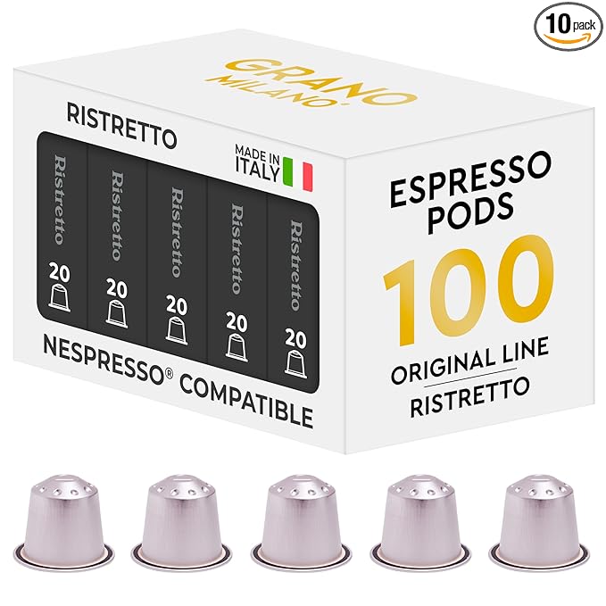 Grano Milano Ristretto Coffee Capsules - 100 Aluminum Coffee Pods Compatible with Nespresso Original line, Dark Roast - Intensity 10/12, Made in Italy
