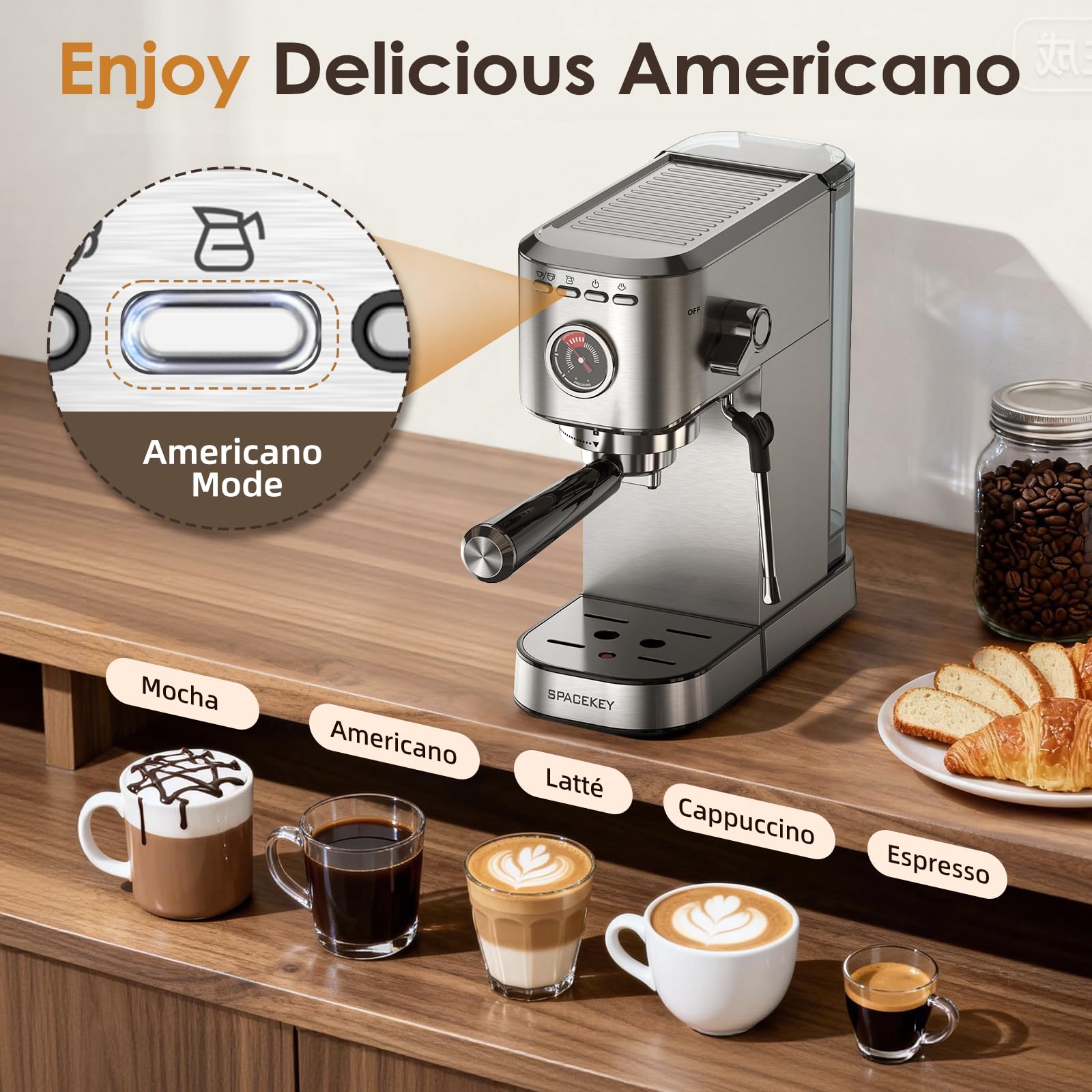 Spacekey Espresso Machine with Milk Frother, 20 Bar Compact Expresso Coffee Machines for Home
