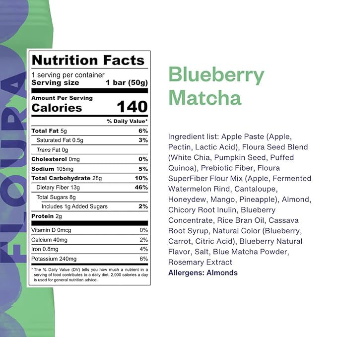 Floura Blueberry Matcha Fruit-Forward Fiber Bars??High Fiber, Vegan, Gluten & Dairy Free, Low Calorie Healthy Snack Bars with Upcycled Produce for Gut Health [10 Pack]