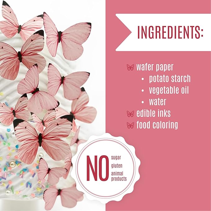 Sugar Robot Edible Butterflies for Cake Decorating - Small Pastel Pink Butterfly Cake Toppers and Cupcake Toppers - Decoration Made in the USA - Premium Crafted (Pink)