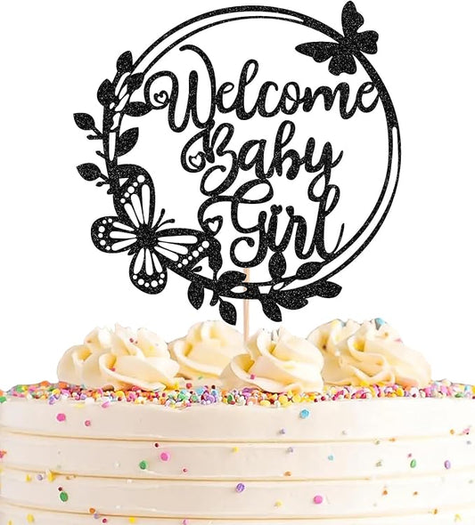 Welcome Baby Girl Cake Topper - Black Glitter Baby Shower Cake Decorations, Baby Girl Cake Decor, for Baby Shower/Birthday Party/Gender Reveal Party Photo Booth Props